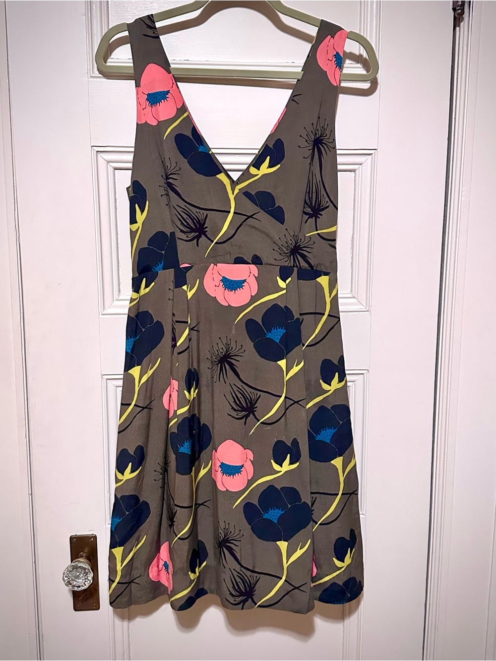 Anthropologie Olive Midi Dress with Pink & Navy Floral Print